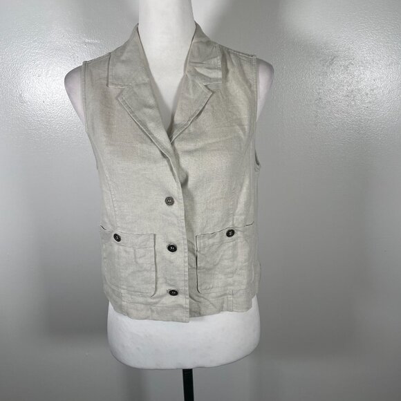 Christopher & Banks Vest Women's 6 Beige Linen Pockets Notch Lapel Button Front - Picture 2 of 15